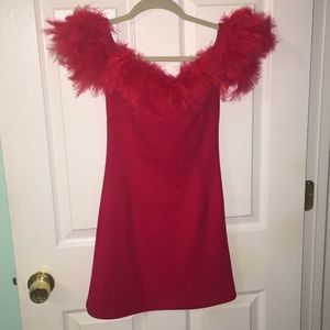 PrettyLittleThing red feathered dress